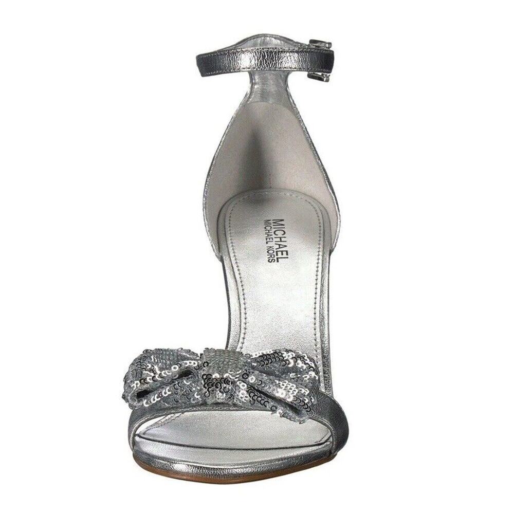 Michael Kors Paris Women's Size 9 M Silver Sequin Bow Heels Ankle Strap Sandal